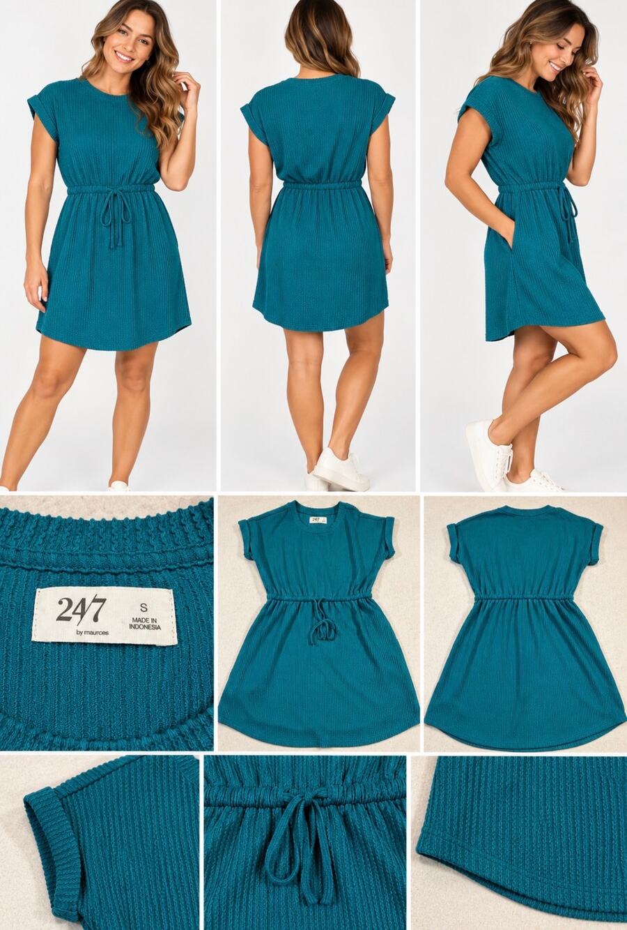 Maurices 24/7 Women’s Small Teal Waffle Knit Drawstring Waist T-Shirt Dress